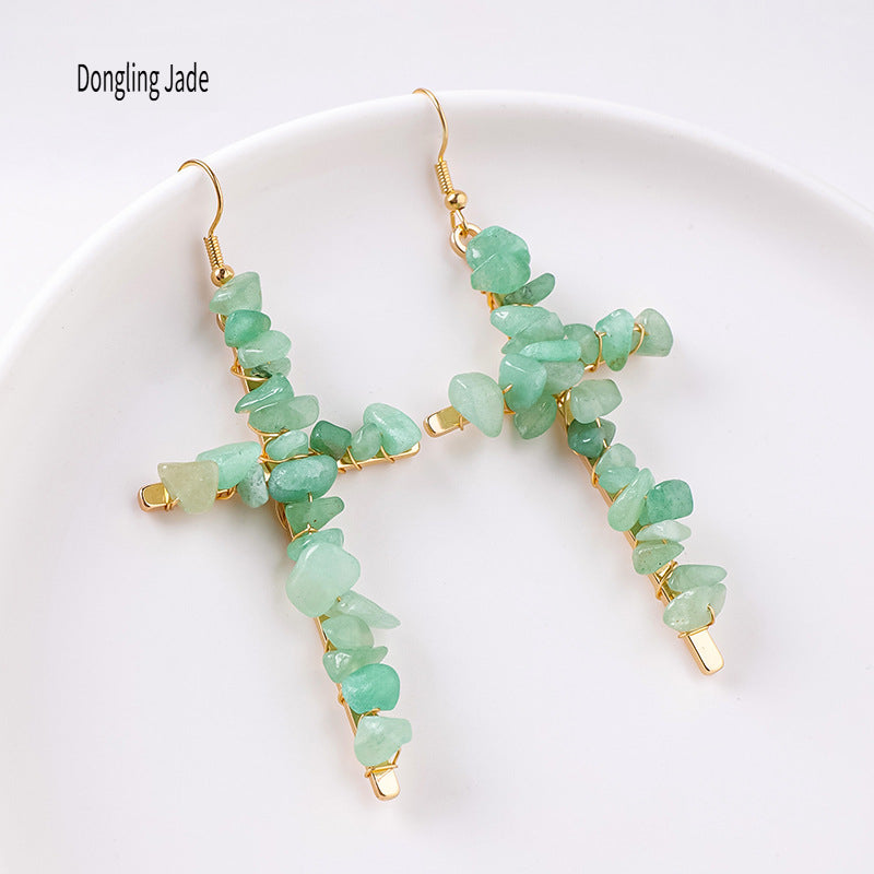 RYS Cross-shaped earrings with natural crystal gravel, handmade, simple women's ear hooks
