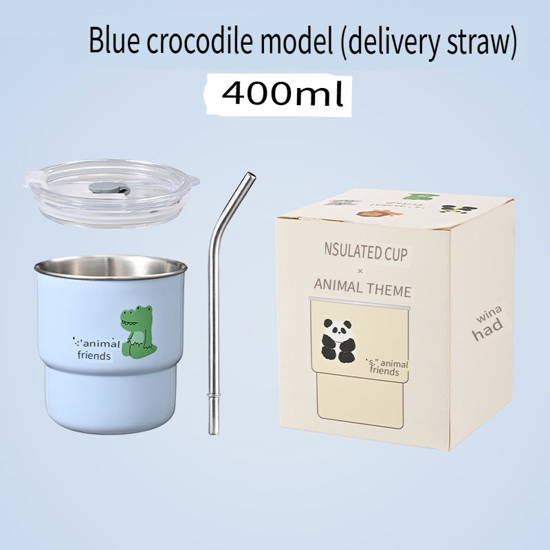 HGD 304 stainless steel coffee cup, cartoon pattern, with straw