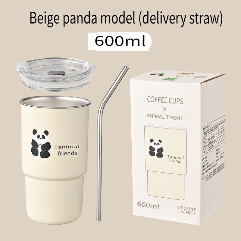 HGD 304 stainless steel coffee cup, cartoon pattern, with straw