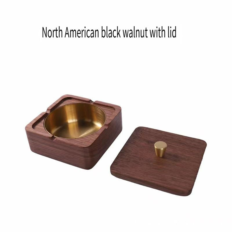 YZBZ Walnut ashtray with lid to prevent fly ash, stainless steel gold-plated liner, suitable for home and office