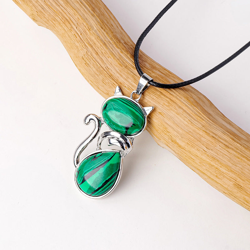 RYS Natural crystal semi-precious stone inlaid cat pendant necklace