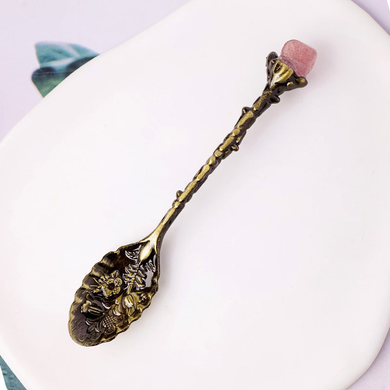 RYS Spoon inlaid with natural crystals, retro carvings, crystal crafts