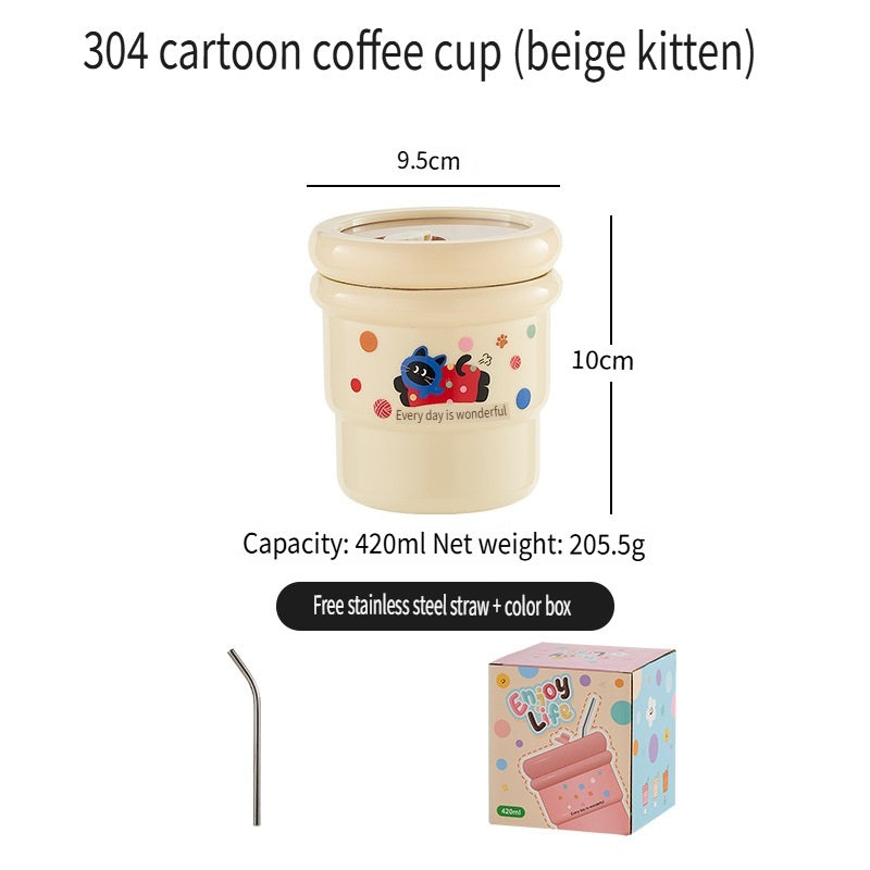 HGD 304 stainless steel coffee cup, cartoon pattern, with straw