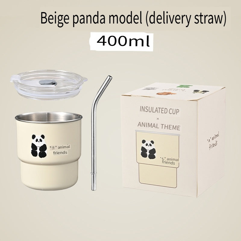 HGD 304 stainless steel coffee cup, cartoon pattern, with straw