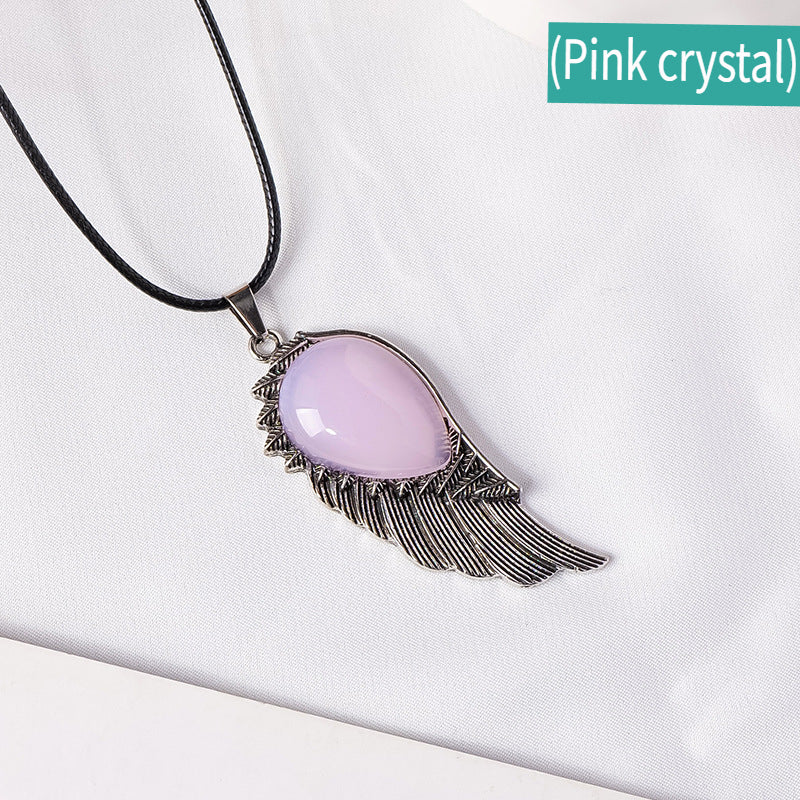 RYS Natural crystal gemstone rough Angel Wing Pendant necklace, retro crystal crafts