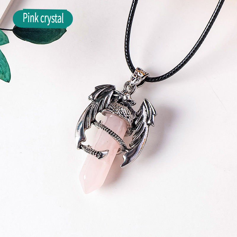 RYS Necklace with a pendant in the form of a flying dragon on one end column made of natural crystal, necklace with a hexagonal crystal column