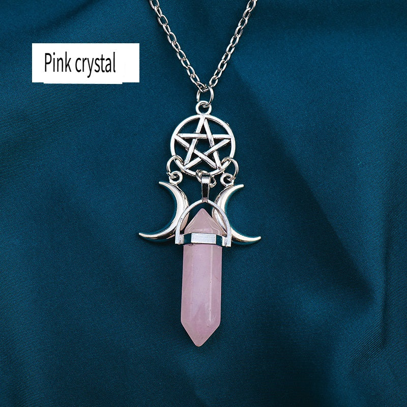 RYS Natural crystal gemstone hexagonal double pointed column pendant necklace, double moon five-pointed star necklace