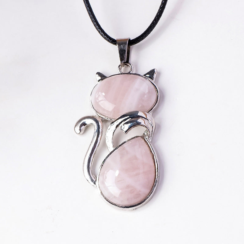 RYS Natural crystal semi-precious stone inlaid cat pendant necklace