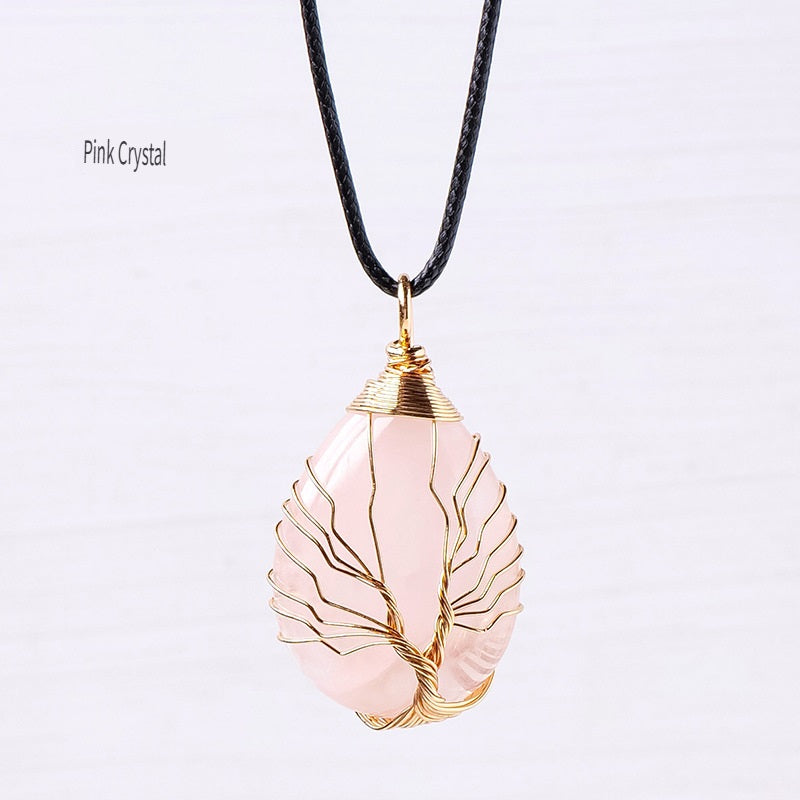 RYS Tree of Life water drop wrapped silk Pendant, hand-woven natural crystal energy stone necklace