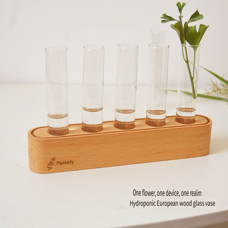 XMT Wooden vase creative home desktop decoration, with transparent glass test tube, hydroponic plant flower arrangement, simple pastoral style