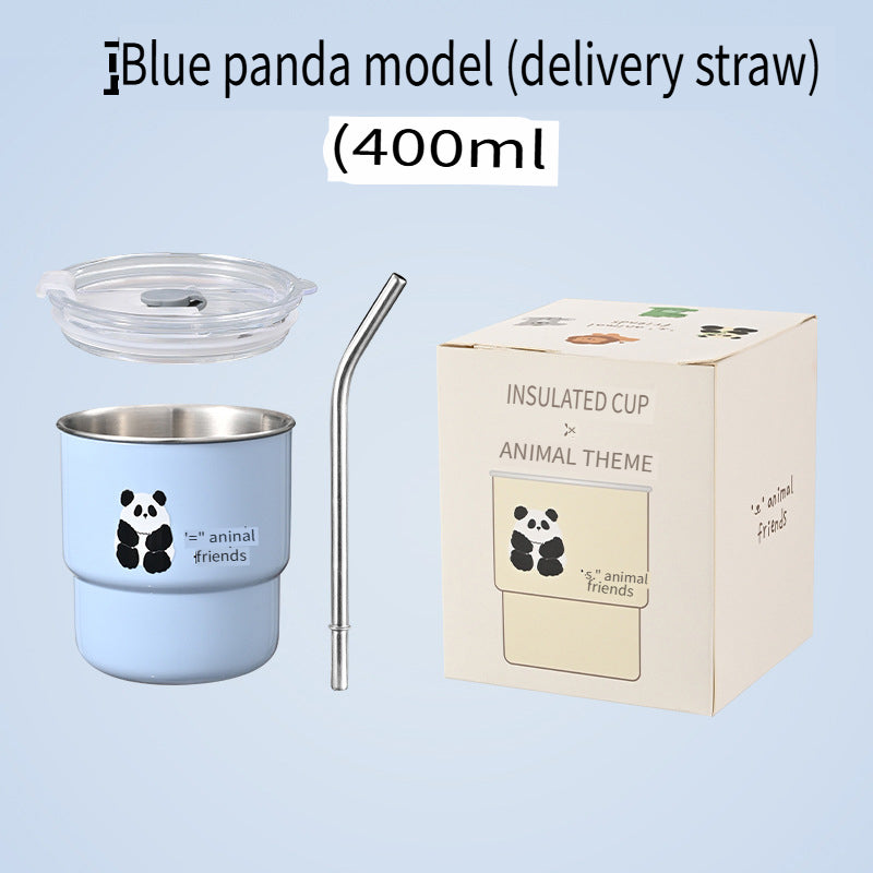 HGD 304 stainless steel coffee cup, cartoon pattern, with straw