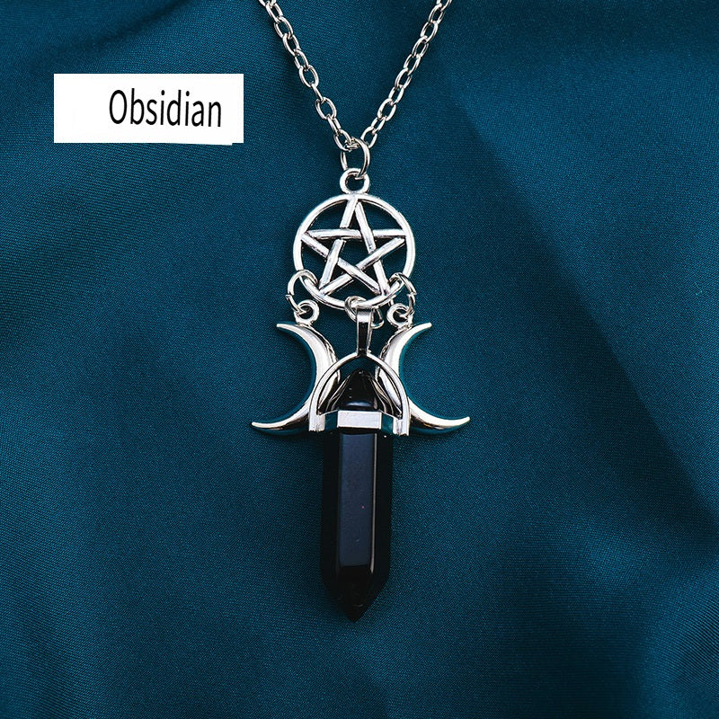 RYS Natural crystal gemstone hexagonal double pointed column pendant necklace, double moon five-pointed star necklace