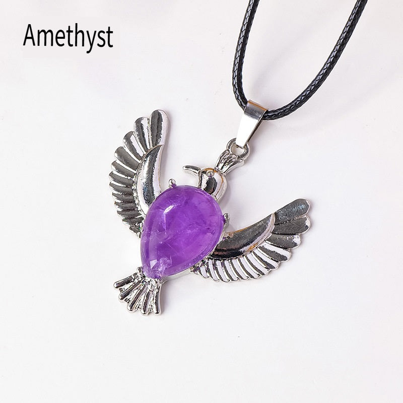 RYS Natural Crystal Gemstone Dove of Peace Pendant Necklace