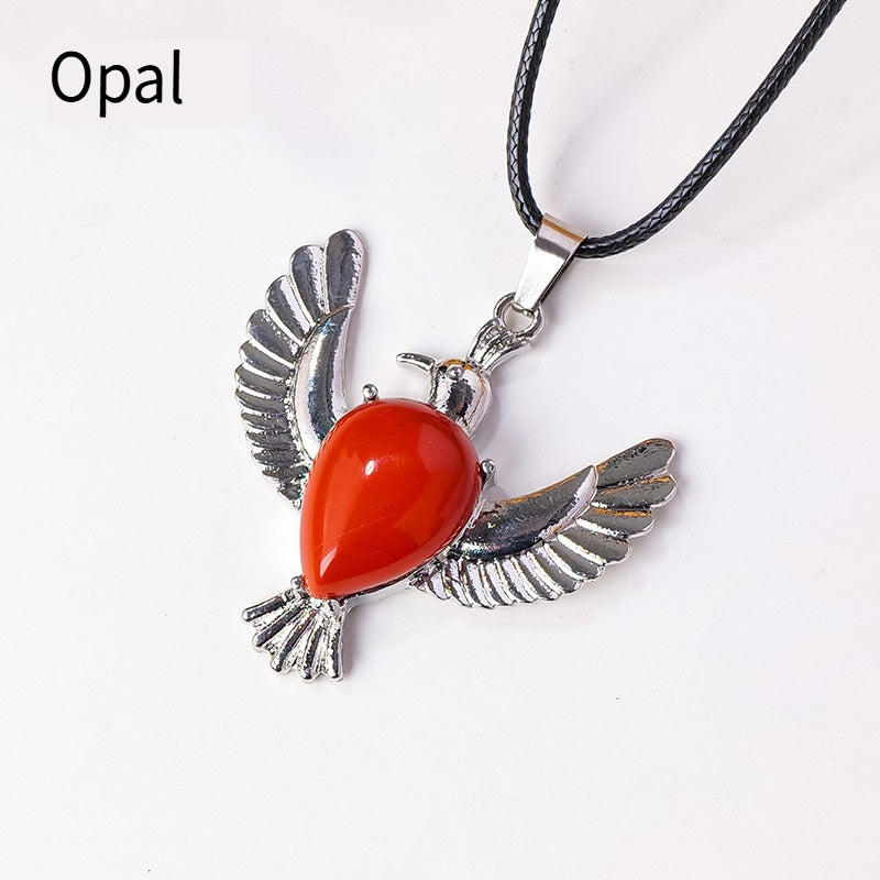 RYS Natural Crystal Gemstone Dove of Peace Pendant Necklace