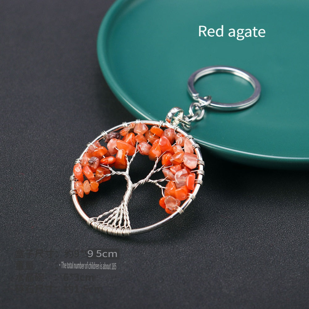 RYS Natural crystal Tree of Life keychain, crystal rough stone gravel key chain