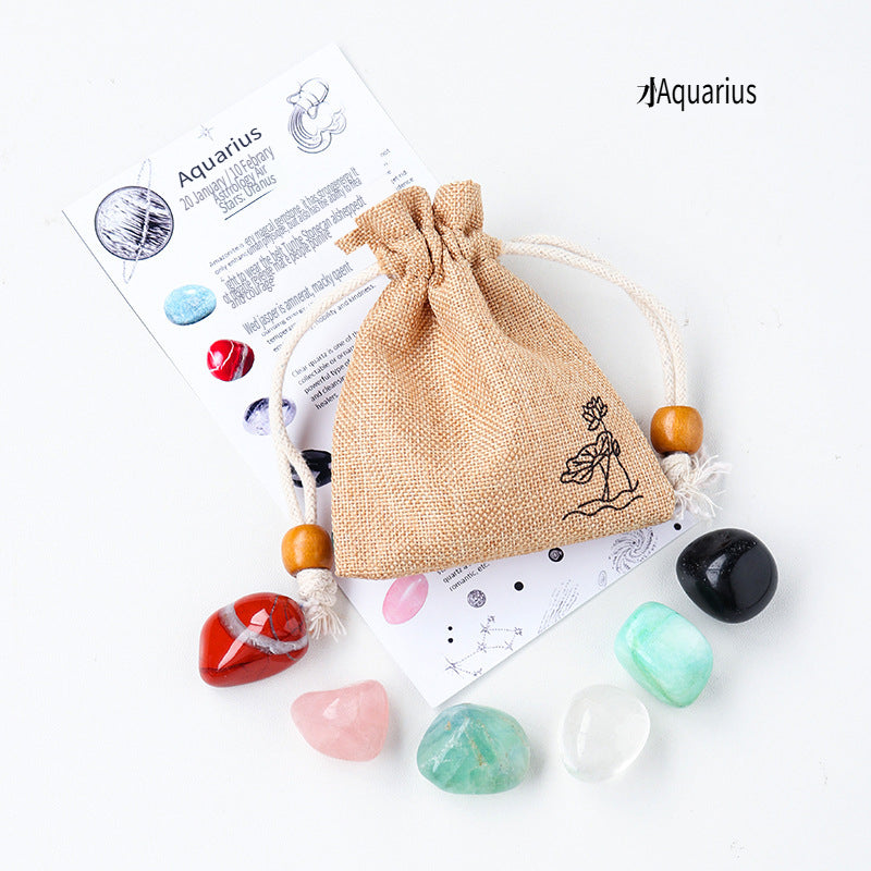 RYS Natural crystal cloth bag with rough stone, set of twelve constellations, handmade ore sample, gift for children