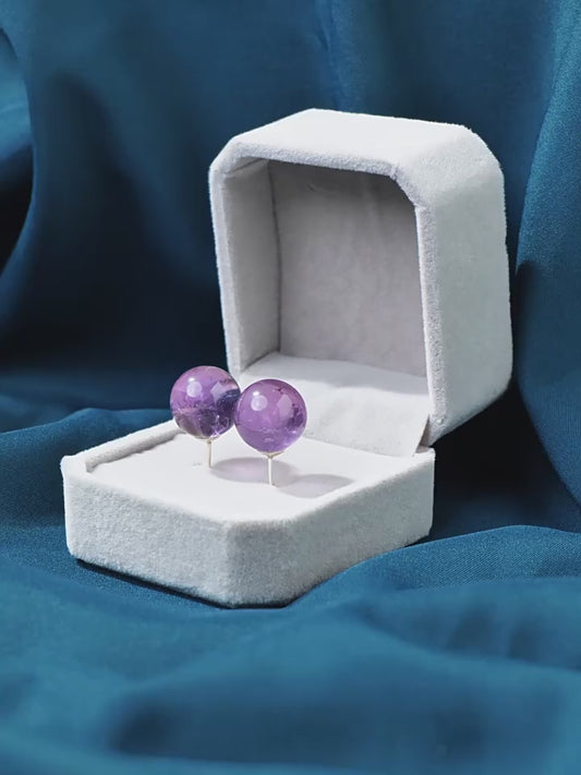 RYS S925 sterling silver natural Brazilian amethyst round bead earrings, fashionable and simple