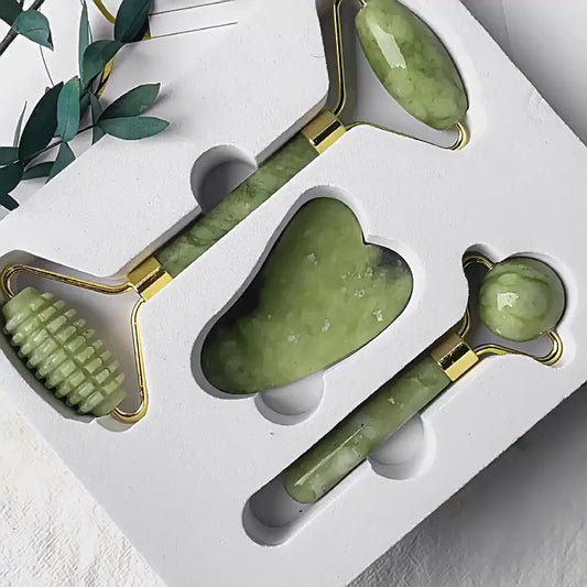 RYS Natural Xiuyu roller massager gift set, orbital facial beauty jade massage stick, Gua sha board